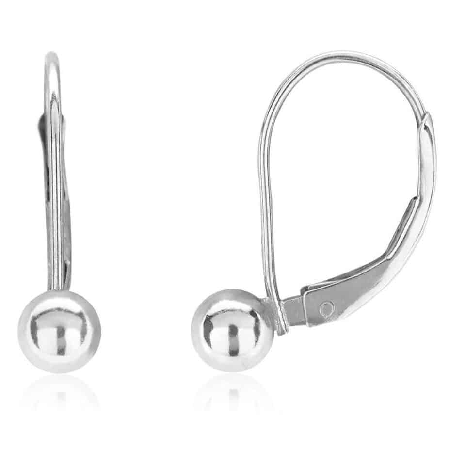 4mm Diameter Ball Lever Back Earrings 14K Solid White Gold 0.7"