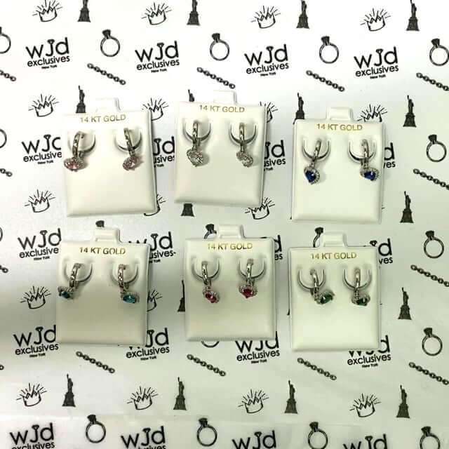 14K White Gold Halo Heart Birthstone CZ Huggie Earrings