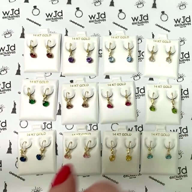 14K Gold Round Solitaire Gem Birthstone Leverback Earrings