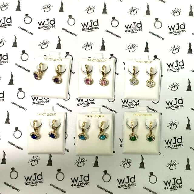 14K Yellow Gold Halo Dangling CZ Gemstone Huggie Hoop Earrings