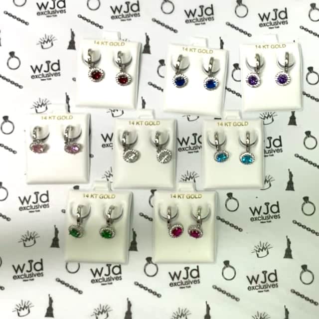 14K White Gold Halo Dangling CZ Gemstone Huggie Hoop Earrings