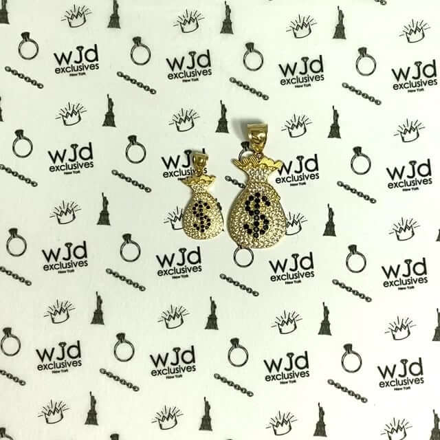 14K Yellow Gold CZ And Onyx Dollar $ Sign Money Bag Pendant
