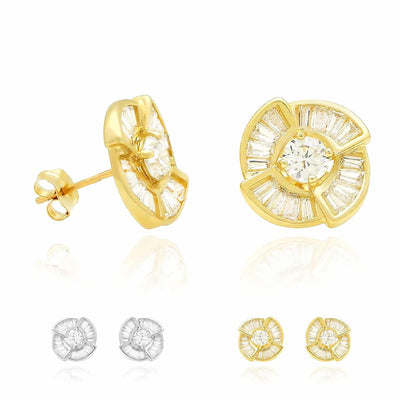 14K Yellow White Gold 1.2Ct Round Baguette CZ Stud Earrings 12mm