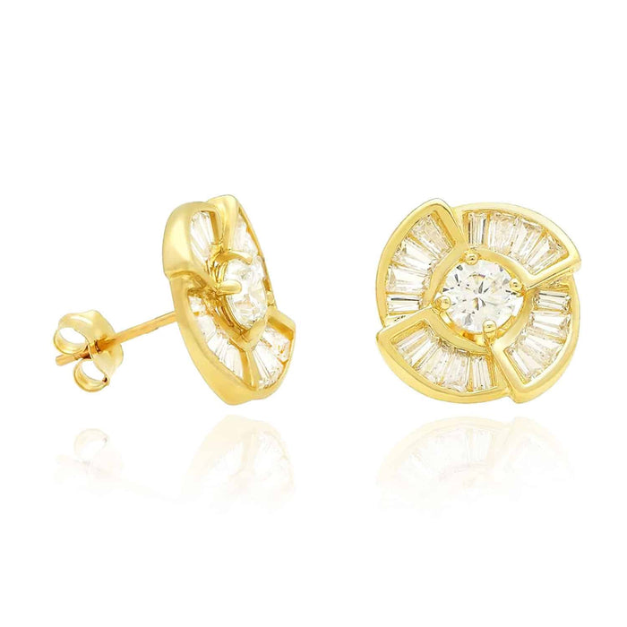 14K Yellow White Gold 1.2Ct Round Baguette CZ Stud Earrings 12mm