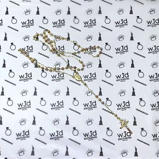 14K Tri-Color Gold 4mm Moon-Cut Ball Rosary Necklace (Solid Links) 26"