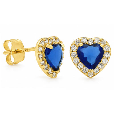 0.30CTW CZ Blue Sapphire 14K Yellow Gold Halo Heart Stud Earrings