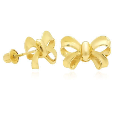 14k Yellow Gold Bow Stud Earrings Screw Back 12mm