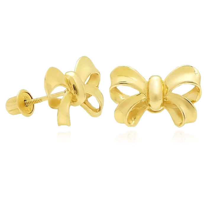 14k Yellow Gold Bow Stud Earrings Screw Back 12mm
