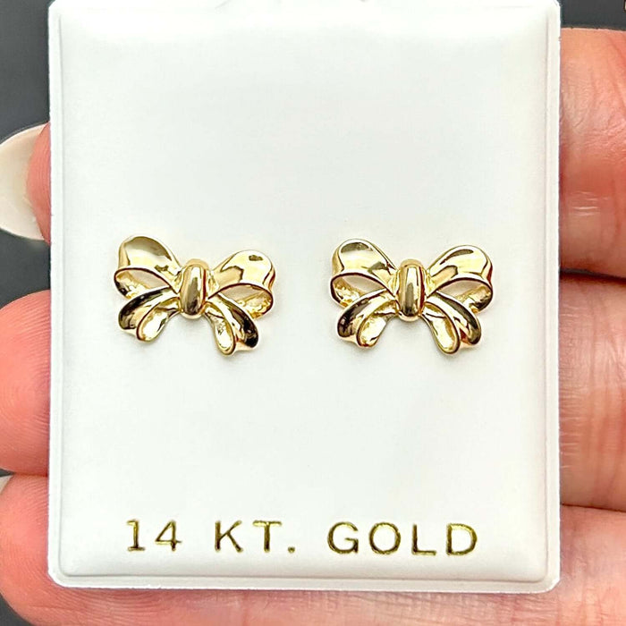 14k Yellow Gold Bow Stud Earrings Screw Back 12mm