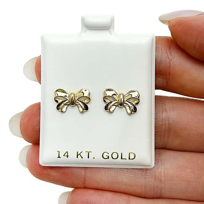 14k Yellow Gold Bow Stud Earrings Screw Back 12mm