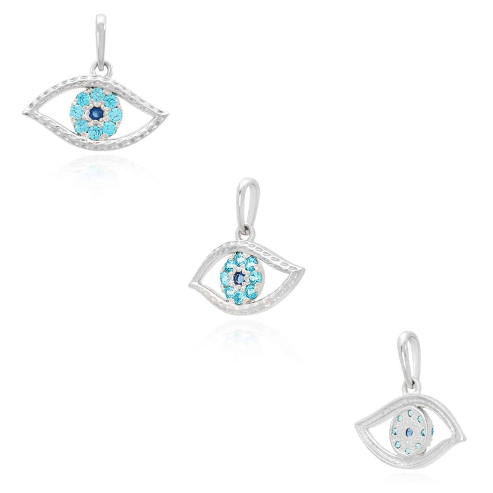 14k Yellow Gold Simulated Aquamarine & Sapphire Evil Eye Pendant 0.5"