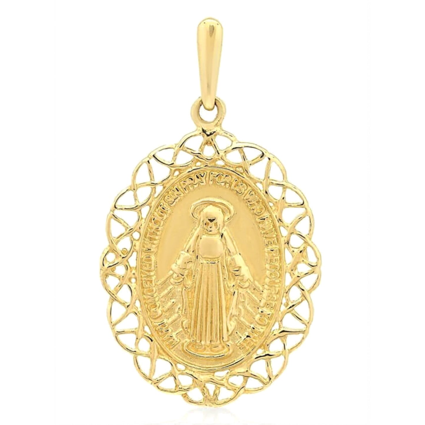14K Yellow Gold Miraculous Virgin Mary Medal Pendant 1.05"