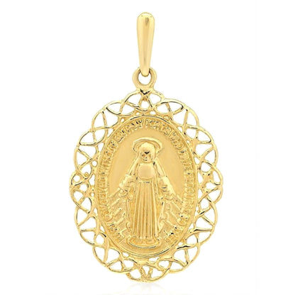 14K Yellow Gold Miraculous Virgin Mary Medal Pendant 1.05"