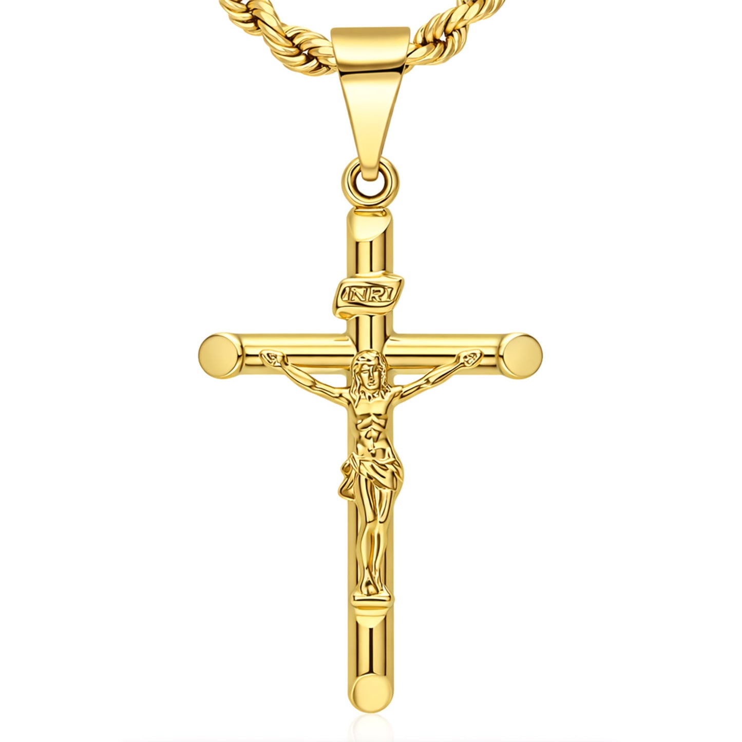 14k Yellow Gold Jesus Crucifix Cross Religious Pendant INRI 1.6"