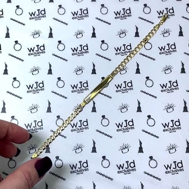 14K Yellow Gold 5.3mm Diamond-Cut Pave Cuban ID Bracelet (Solid Links) 8"