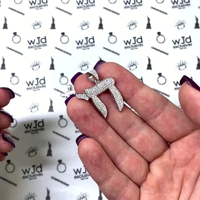 14k White Gold Over Silver CZ Pave Chai Pendant 0.80" & 1.20"