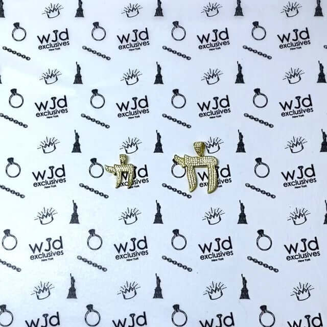 14k Yellow Gold Over Silver CZ Pave Chai Pendant 0.79", 1.18"