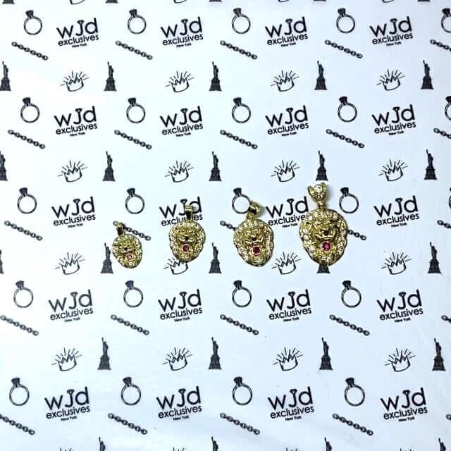 10K Gold CZ Ruby Lion Face Pendant 0.79" - 1.38"