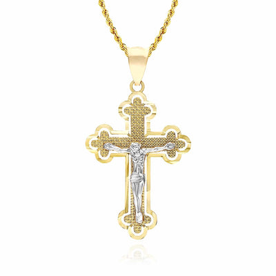 14K Gold Two-Tone White Yellow Jesus Crucifix Cross Pendant 1.4", 1.7"