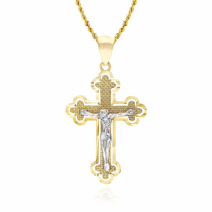 14K Real Gold Two-Tone White Yellow Jesus Crucifix Cross Pendant 1.4", 1.7"