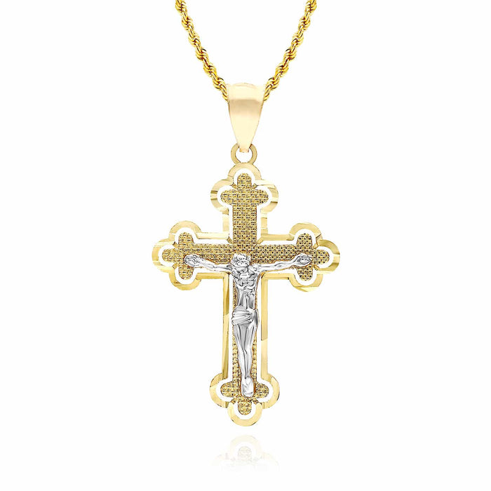 14K Gold Two-Tone White Yellow Jesus Crucifix Cross Pendant 1.4", 1.7"
