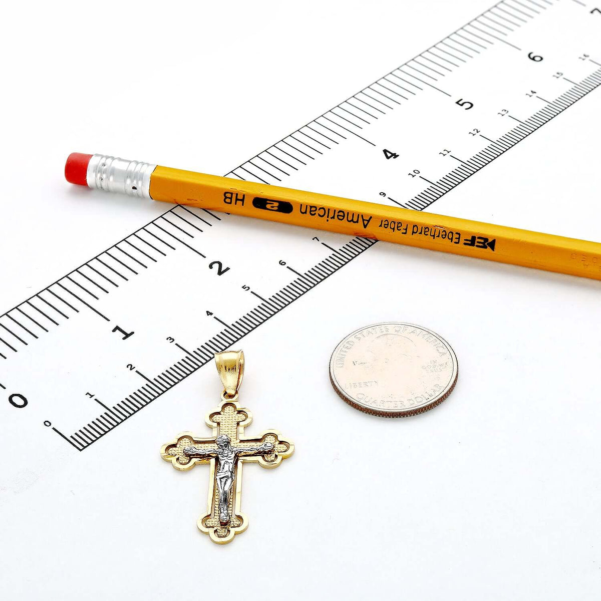 14K Gold Two-Tone White Yellow Jesus Crucifix Cross Pendant 1.4", 1.7"