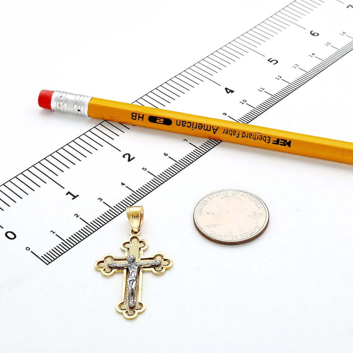 14K Gold Two-Tone White Yellow Jesus Crucifix Cross Pendant 1.4", 1.7"