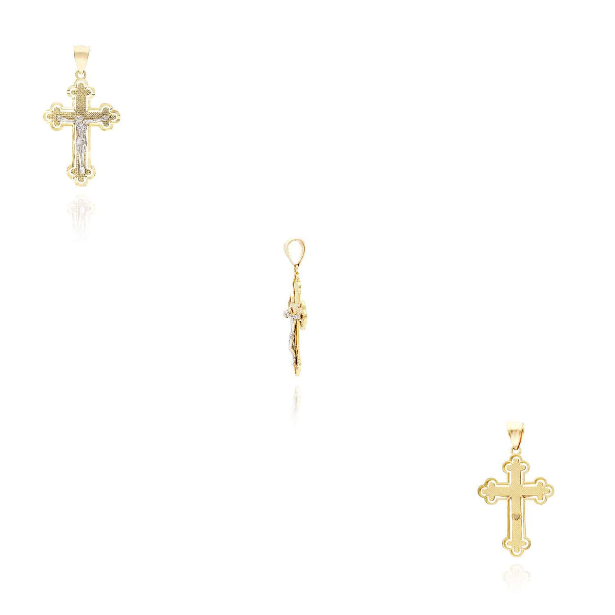 14K Gold Two-Tone White Yellow Jesus Crucifix Cross Pendant 1.4", 1.7"