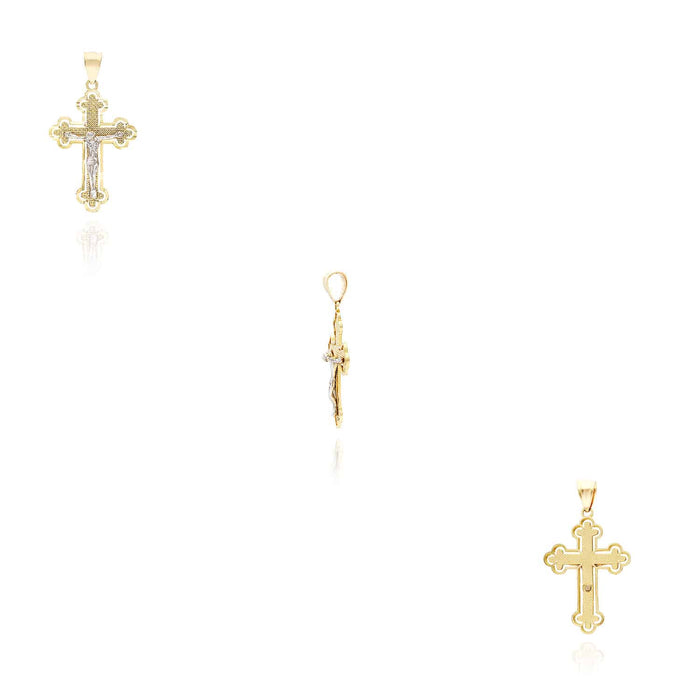 14K Gold Two-Tone White Yellow Jesus Crucifix Cross Pendant 1.4", 1.7"