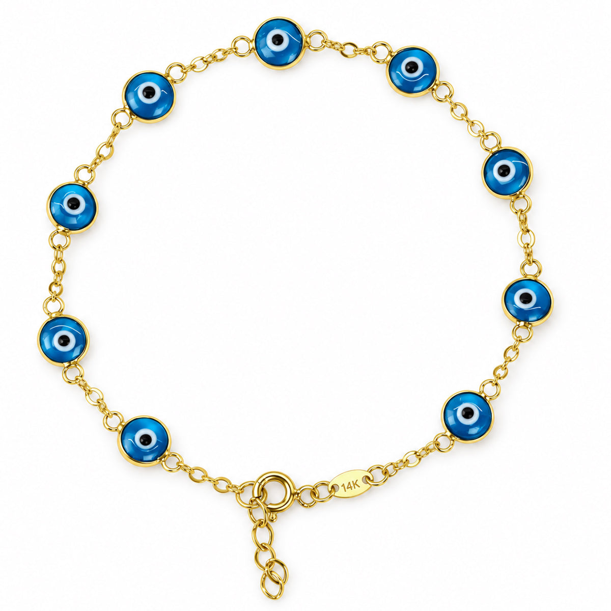 14K Yellow Gold Good Luck Evil Eye Cable Charm Bracelet 7"