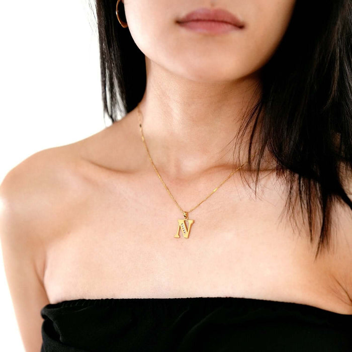 14K Yellow Gold 0.25CTW CZ Initial Alphabet Letter Pendant 0.6"