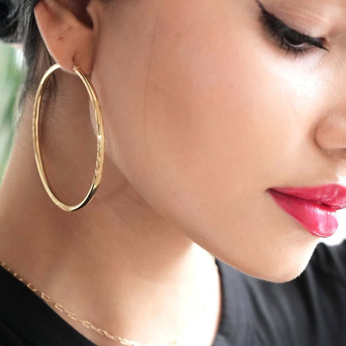 14K Yellow Gold 3mm Thick Diamond-Cut Hoop Earrings 2.7"