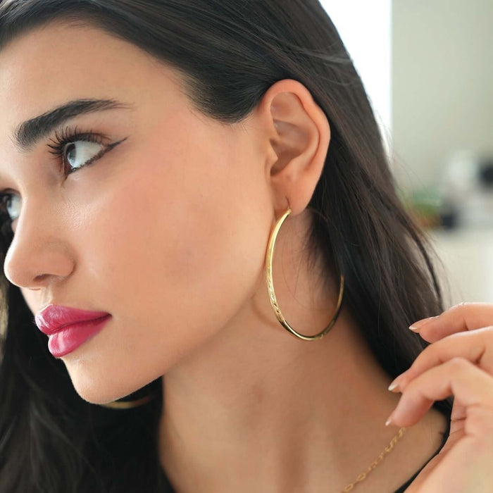 14K Yellow Gold 3mm Thick Diamond-Cut Hoop Earrings 2.7"