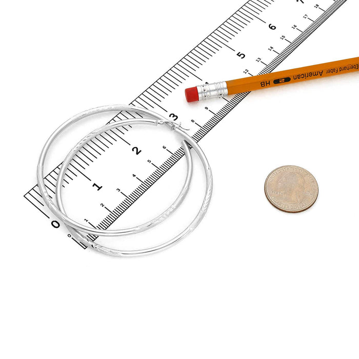 14K White Gold 3mm Thick Diamond-Cut Hoop Earrings 2.7"