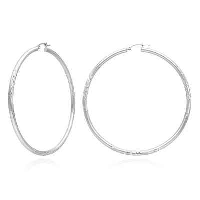 14K Solid White Gold 3mm Thick Diamond Cut Hoop Earrings 2.7"