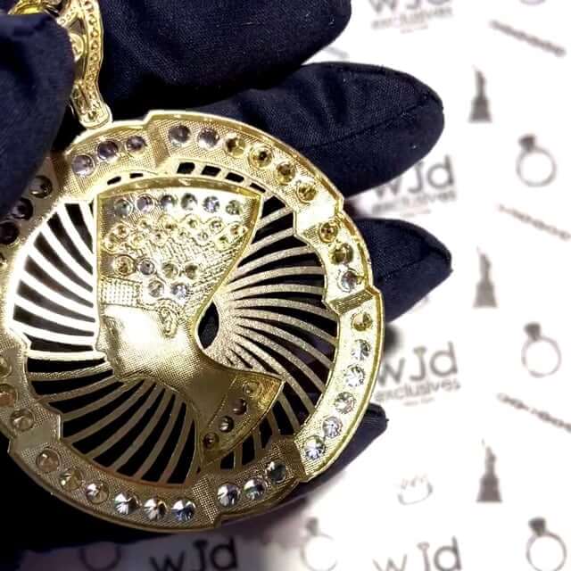 10K Yellow Gold CZ Egyptian Queen Nefertiti Medallion Pendant 3"