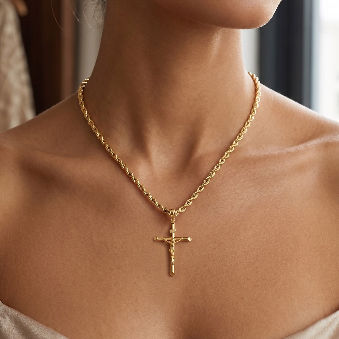 14k Yellow Gold Jesus Crucifix Cross Religious Pendant INRI 2.3"