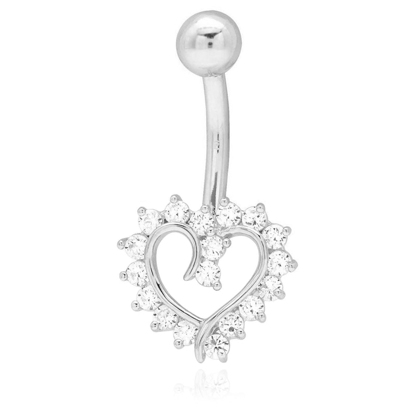 14K Real Gold White CZ Open Heart Belly Button Navel Ring