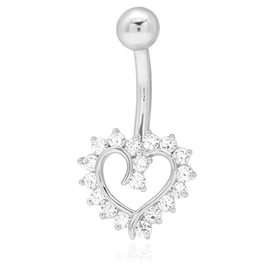 14K White Gold CZ Open Heart Belly Button Navel Ring