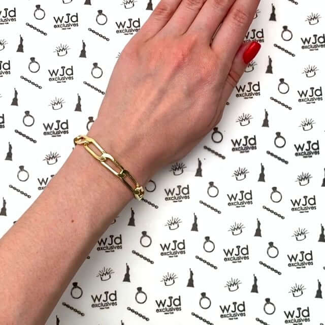 14K Yellow Gold Over Solid Silver 8mm Elongated Paperclip Bracelet (Solid Links) 7"