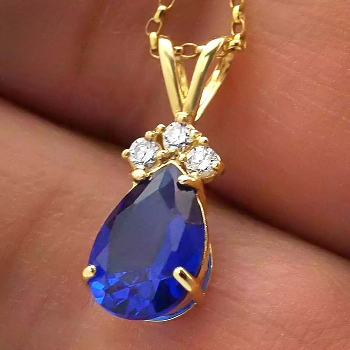 14k Yellow Gold 1.85TCW CZ & Pear Shape Blue Sapphire Pendant
