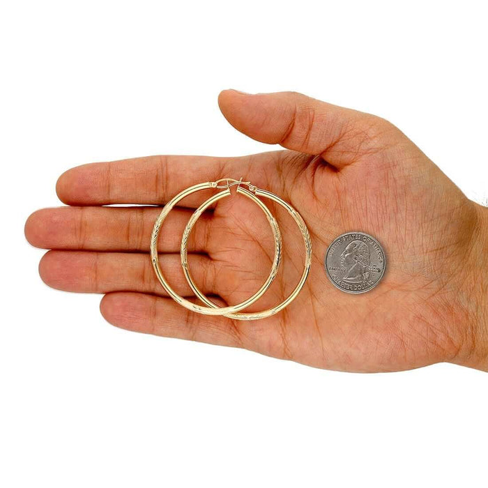 14K Solid Yellow & White Gold 3mm Diamond-Cut Finish Hoop Earrings 19-75mm