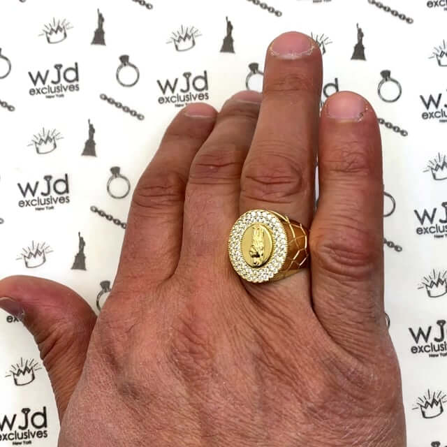 14K Yellow Gold CZ Saint Jude Nugget Oval Signet Ring