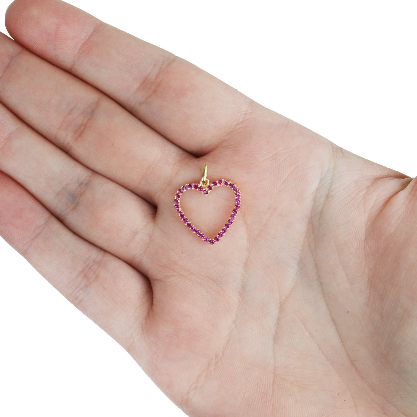14K Yellow Gold White Gold Ruby Birthstone Open Heart Pendant 0.8"