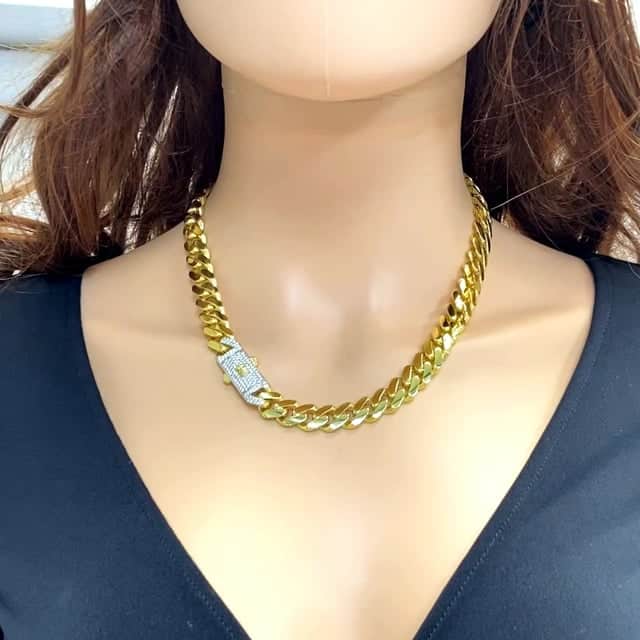 14K Gold Classic Plain with Swarovski Lock 11.5mm Miami Monaco Chain (Hollow) 16"-24"