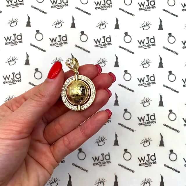 10K Yellow Gold 1.8CTW CZ Rotating Globe Pendant 1.57"