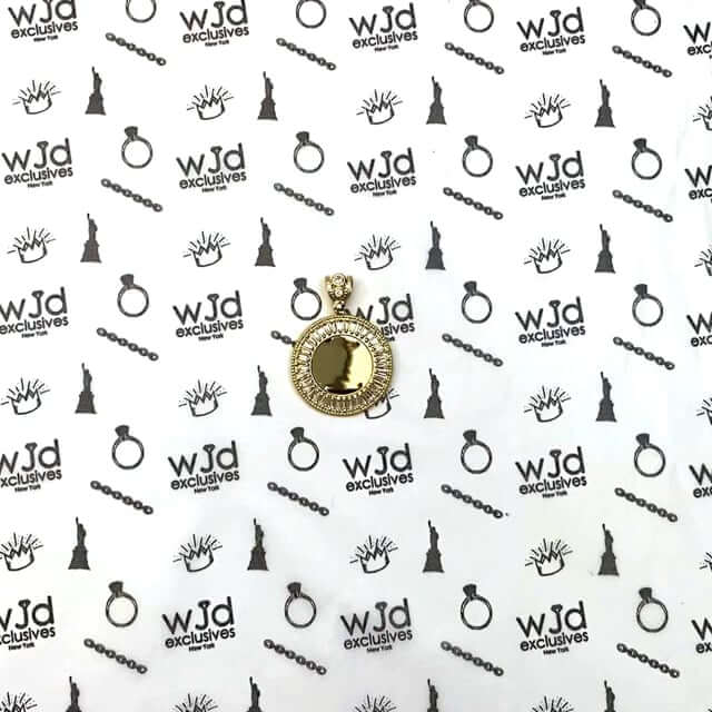 14K Yellow Gold Baguette CZ Photo Medallion Pendant 1.10", 1.26"