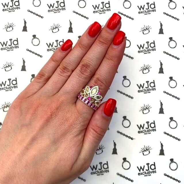 14K Yellow Gold 1.75CTW CZ & Ruby Royal Crown Heart Cocktail Ring