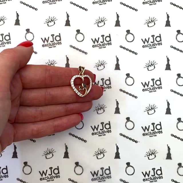 14K Yellow Gold 1CTW CZ Mother Infant Open Heart Pendant 1"