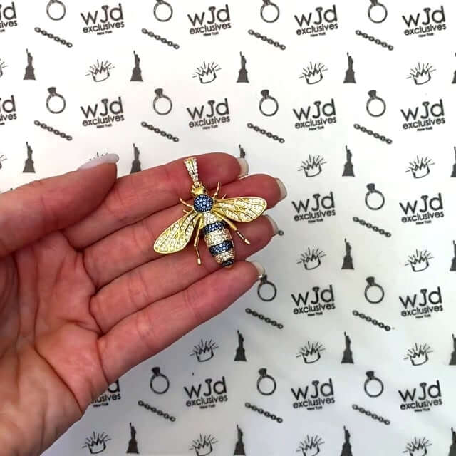 14K Yellow White Gold Over Silver Zirconia Blue Topaz Honey Bee 3D Pendant 1.6"